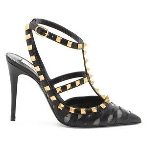 Valentino Rockstud Studded Cutout Leather Ankle Strap Sandals Heels Shoes